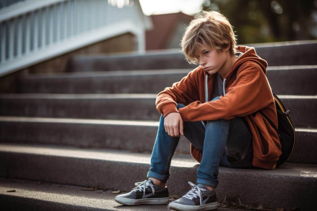 Boy with blond hair, sitting on steps in a red zip-up sweatshirt. He is sad.