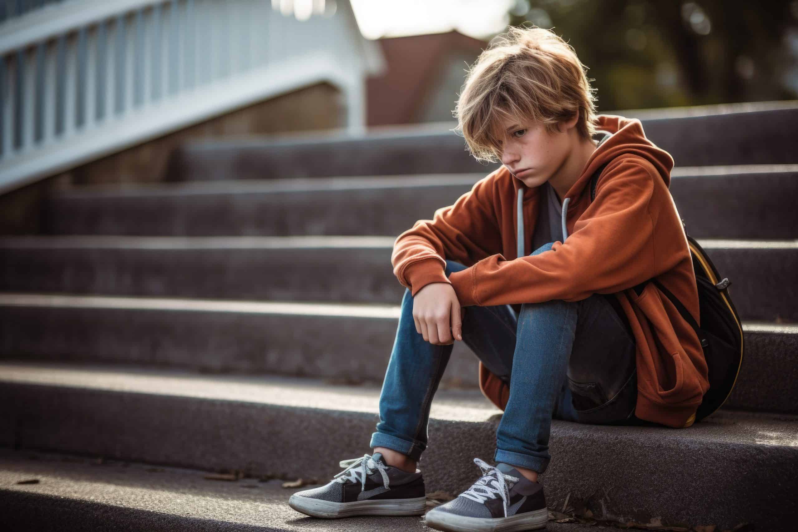 Boy with blond hair, sitting on steps in a red zip-up sweatshirt. He is sad.