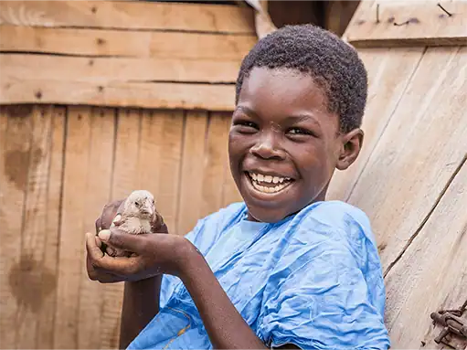 Happy boy holding a small chick in a wooden shelter, smiling brightly.