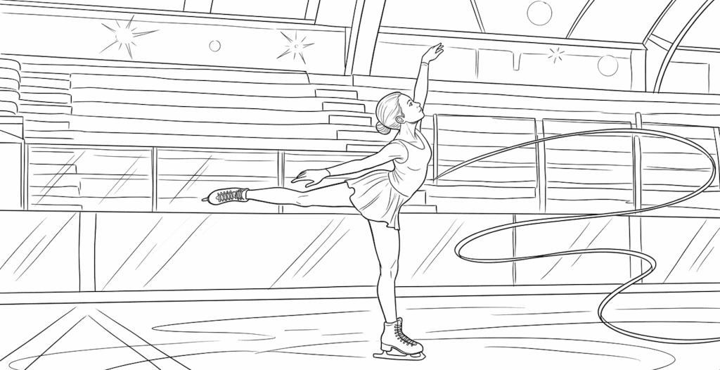 A skilled figure skater performs a graceful spin on the ice rink, showcasing elegance and athleticis.