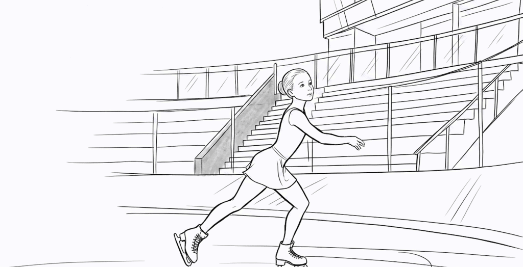 Skater girl practicing on an outdoor rink for children's coloring sheets.