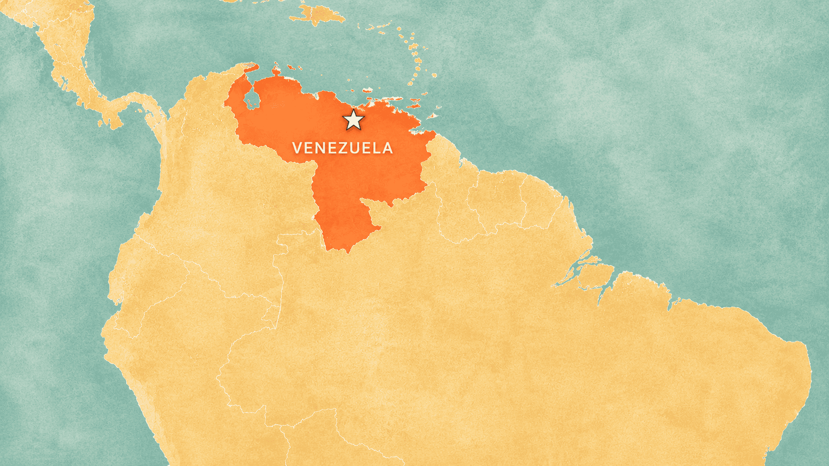 Map highlighting Venezuela in red with a star marking its capital, Caracas.