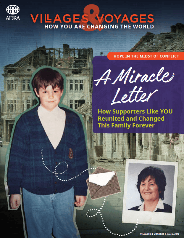 A young boy holding a letter with a damaged building in the background, symbolizing hope and recover.