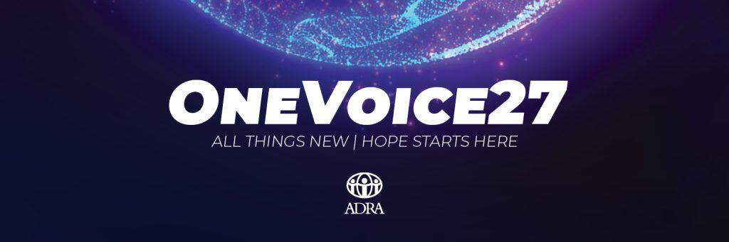 OneVoice27 event banner with ADRA logo and slogan 'Hope Starts Here'.