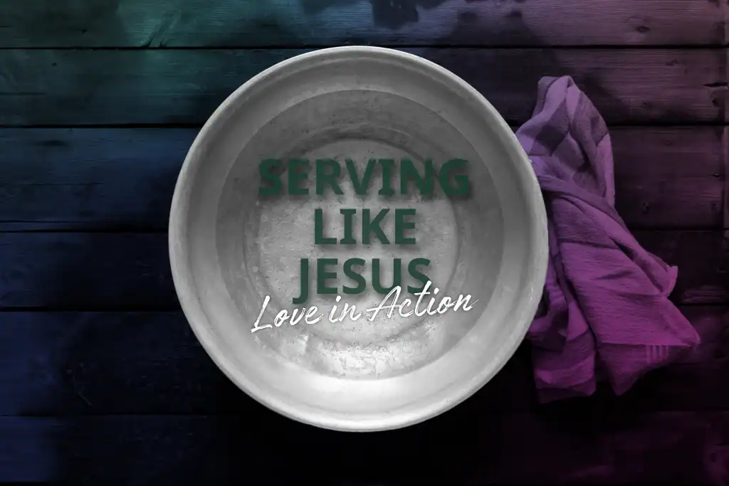 Serving like Jesus plate with purple cloth on dark wooden background.