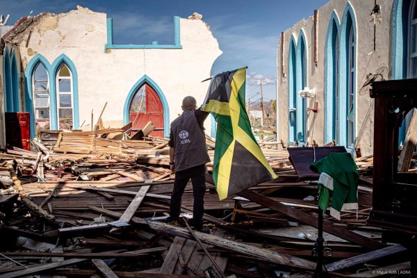 Ruben Ponce, Emergency Coordinator, visits an Adventist Church in Laconia Jamaica destroyed by Hurricane Melissa. [Photo: Miguel Roth]